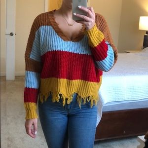 Crop colorblock knit sweater distressed fringe hem